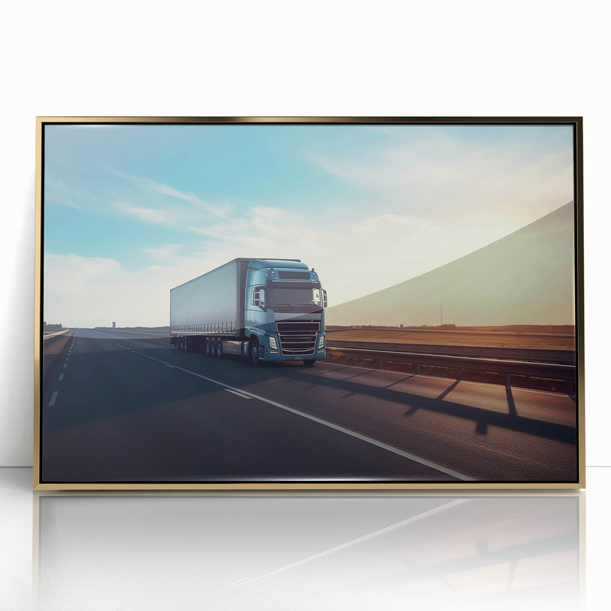 Mid-century modernist style large art print of colorful trucks, framed in gold acrylic, suitable for nursery wall decor.