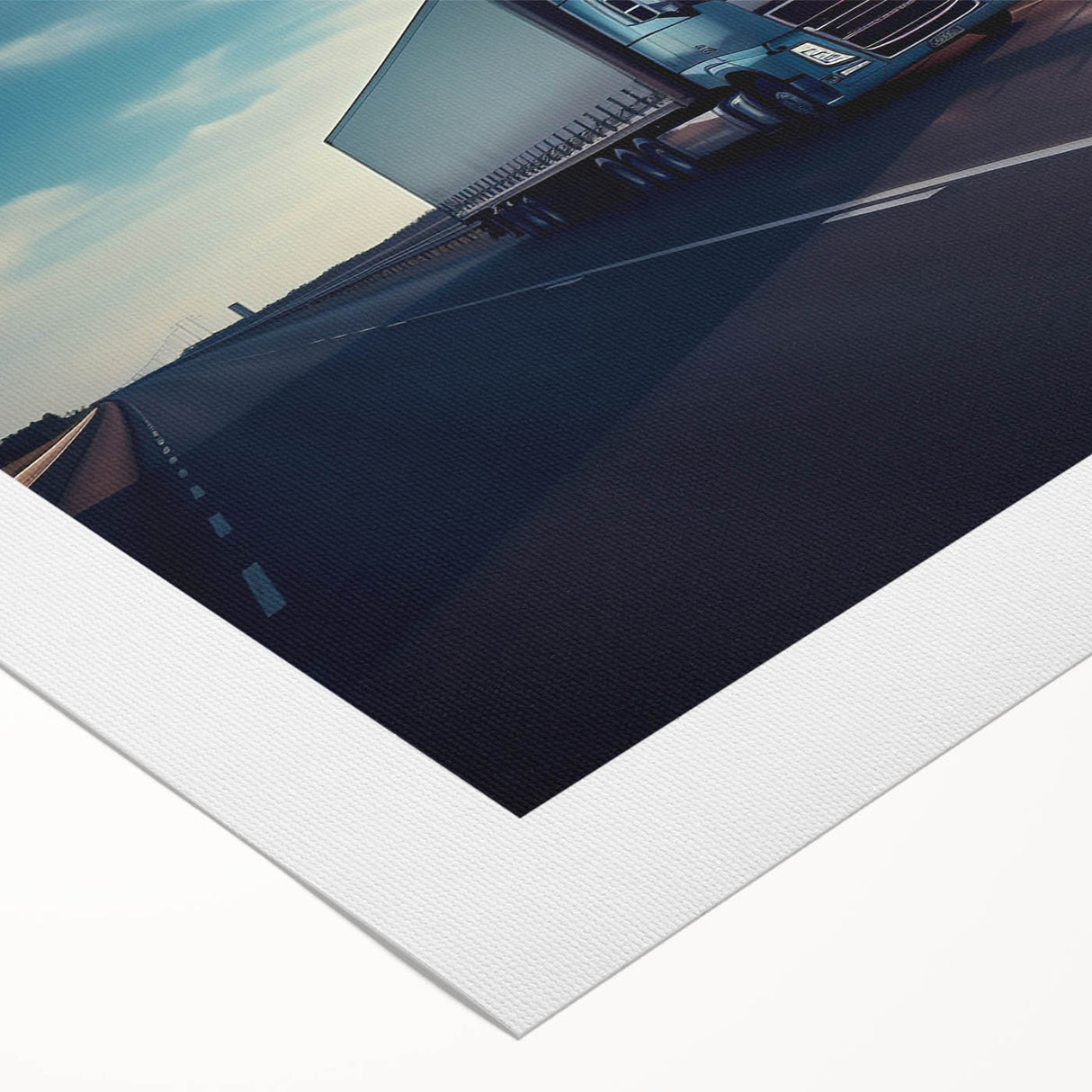 Art deco poster featuring a series of stylized vintage trucks in muted colors on rolled canvas.