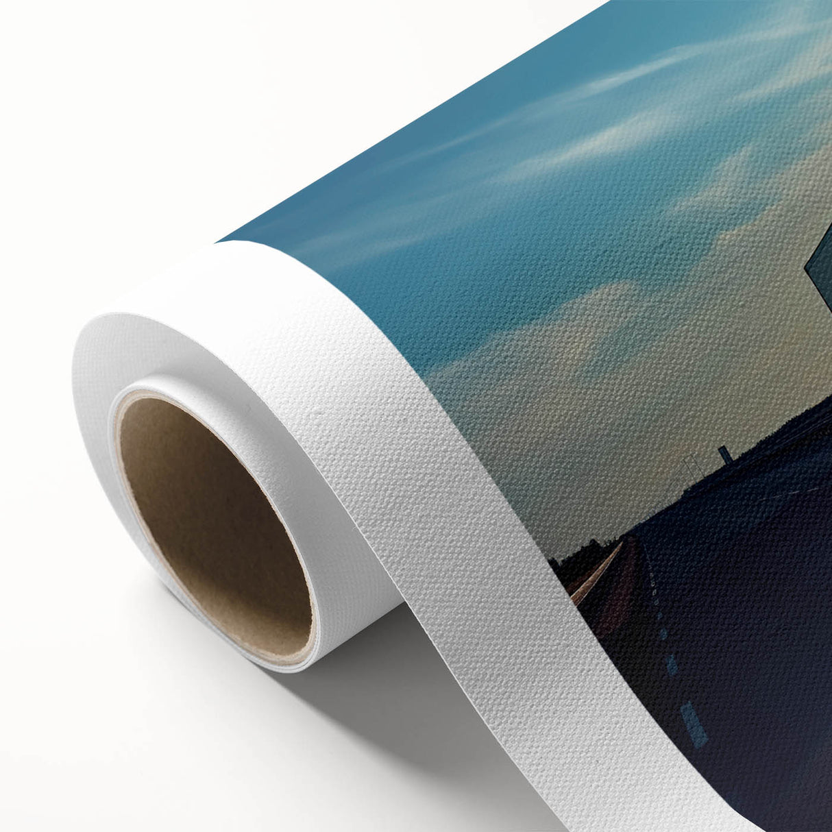 Art deco style poster of colorful trucks on a rolled canvas, ideal for nursery wall art.