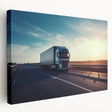 Side-view illustration of assorted colorful trucks on a white background, printed on stretched canvas.