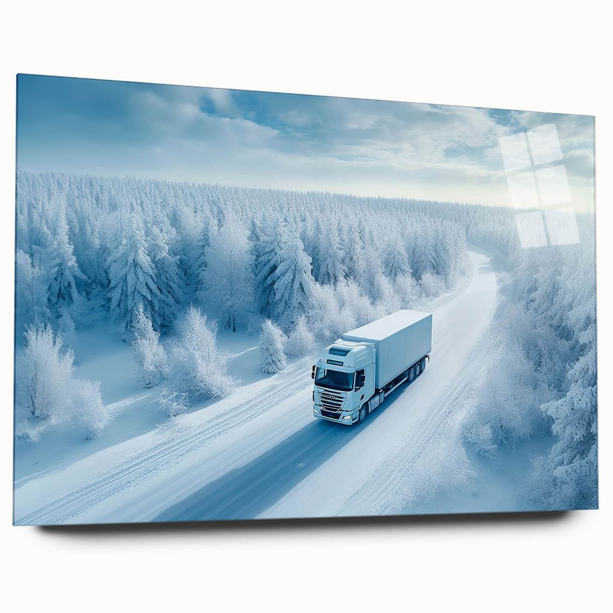 Acrylic print of large abstract trucks in bold orange and gray tones, suitable for bedroom or dining room decor.