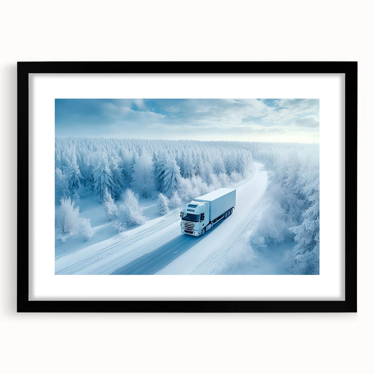 Abstract art print featuring colorful, textured trucks on a black framed canvas.