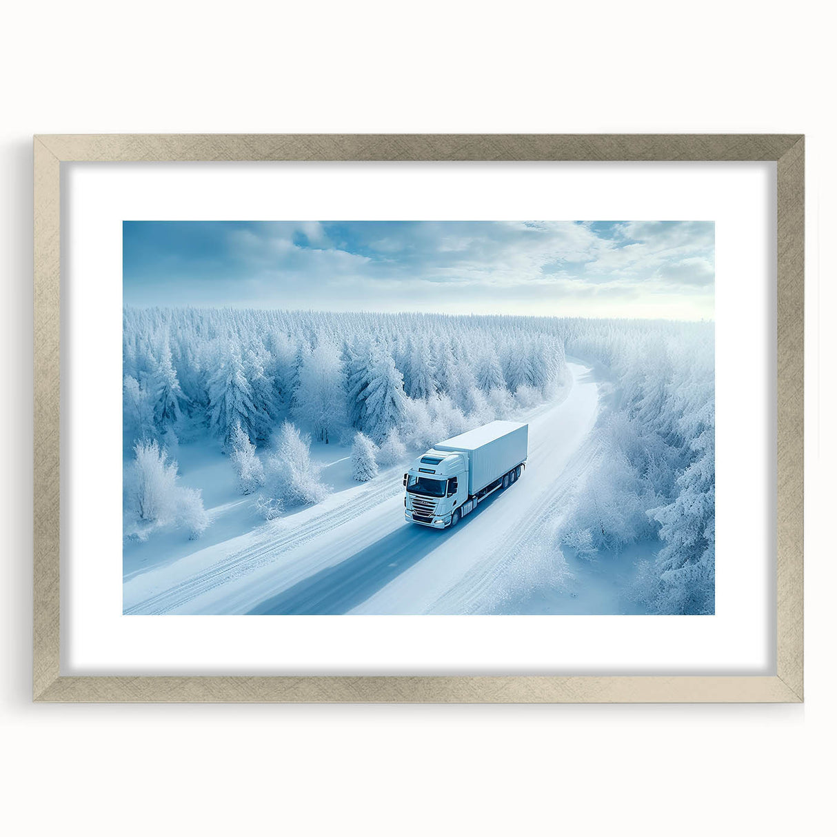 Abstract art print of textured trucks in muted gray and silver, framed with a mat, ideal for bedroom wall decor.