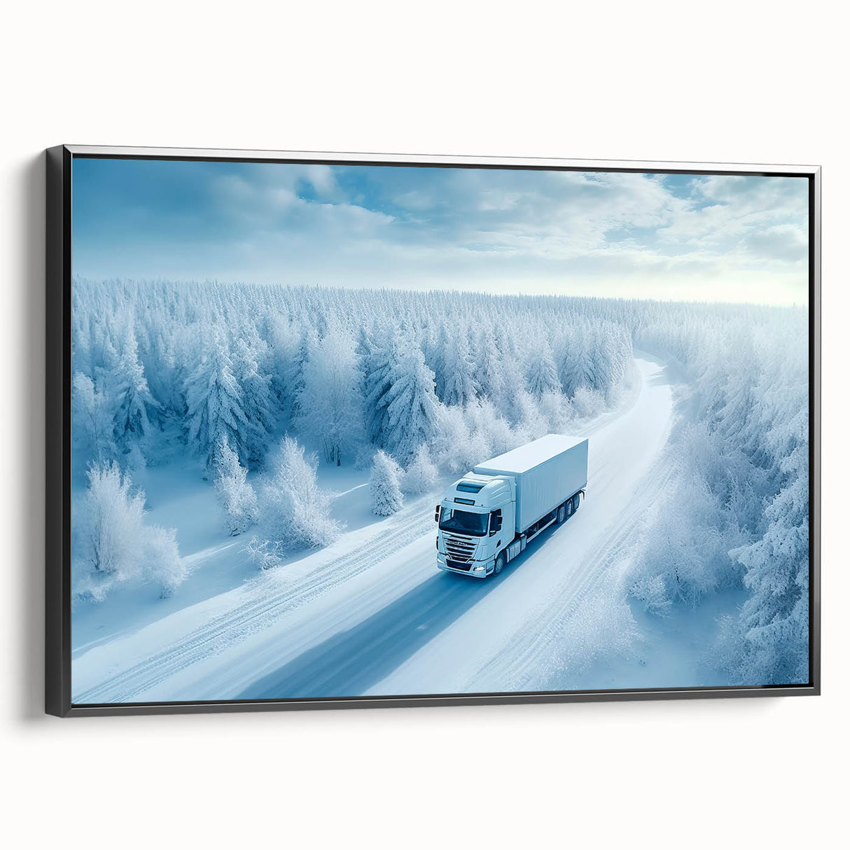 Black and white vintage poster art of trucks on a framed canvas, ideal for bedroom wall decor.