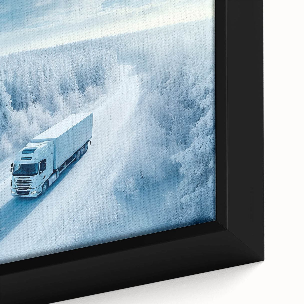 Extra large black wall art featuring colorful, textured trucks on a framed canvas, ideal for living room decor.