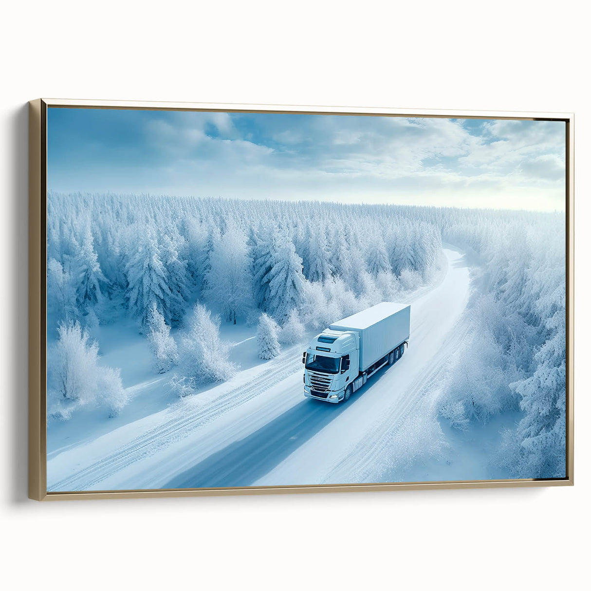 Vintage poster art of trucks in landscape, with black and gold tones on a framed canvas, suitable for bedroom decor.