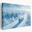 Side view of colorful trucks in a row on stretched canvas, ideal for kitchen wall art.