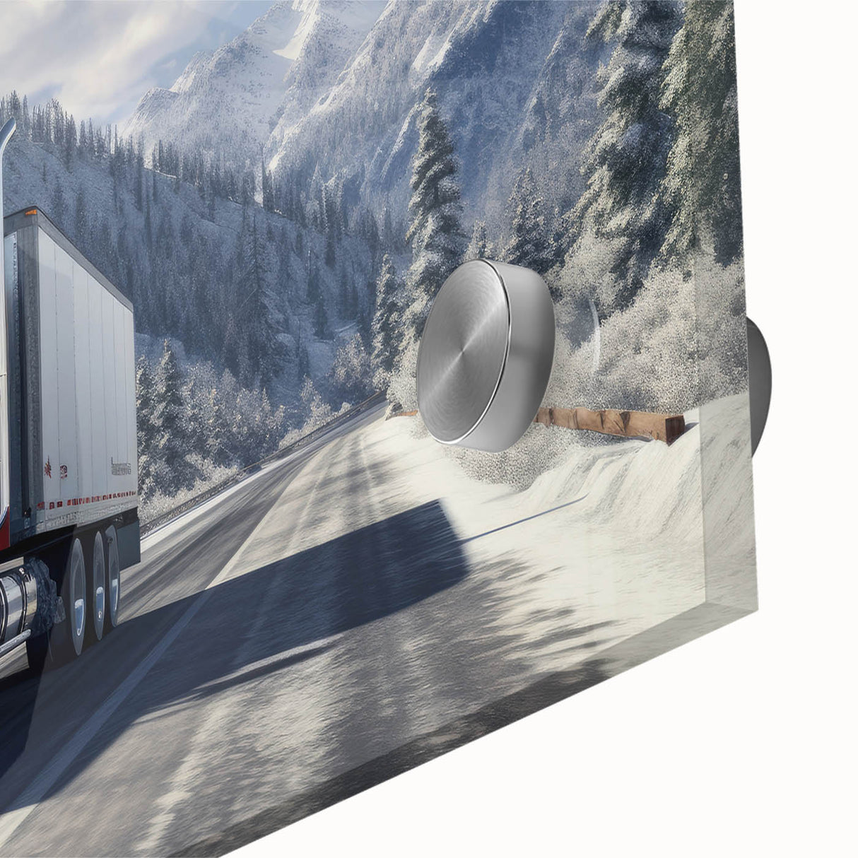 Large abstract wall art featuring assorted trucks in mid-century modernist style on acrylic, with bold colors.