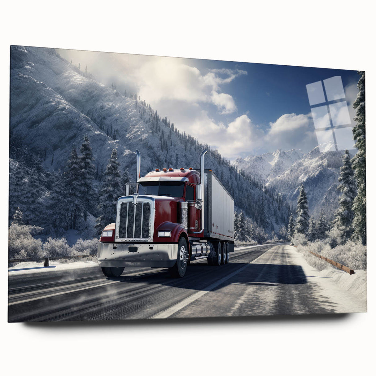 Acrylic print of large abstract trucks in muted gray and blue tones, suitable for bedroom or dining room art.