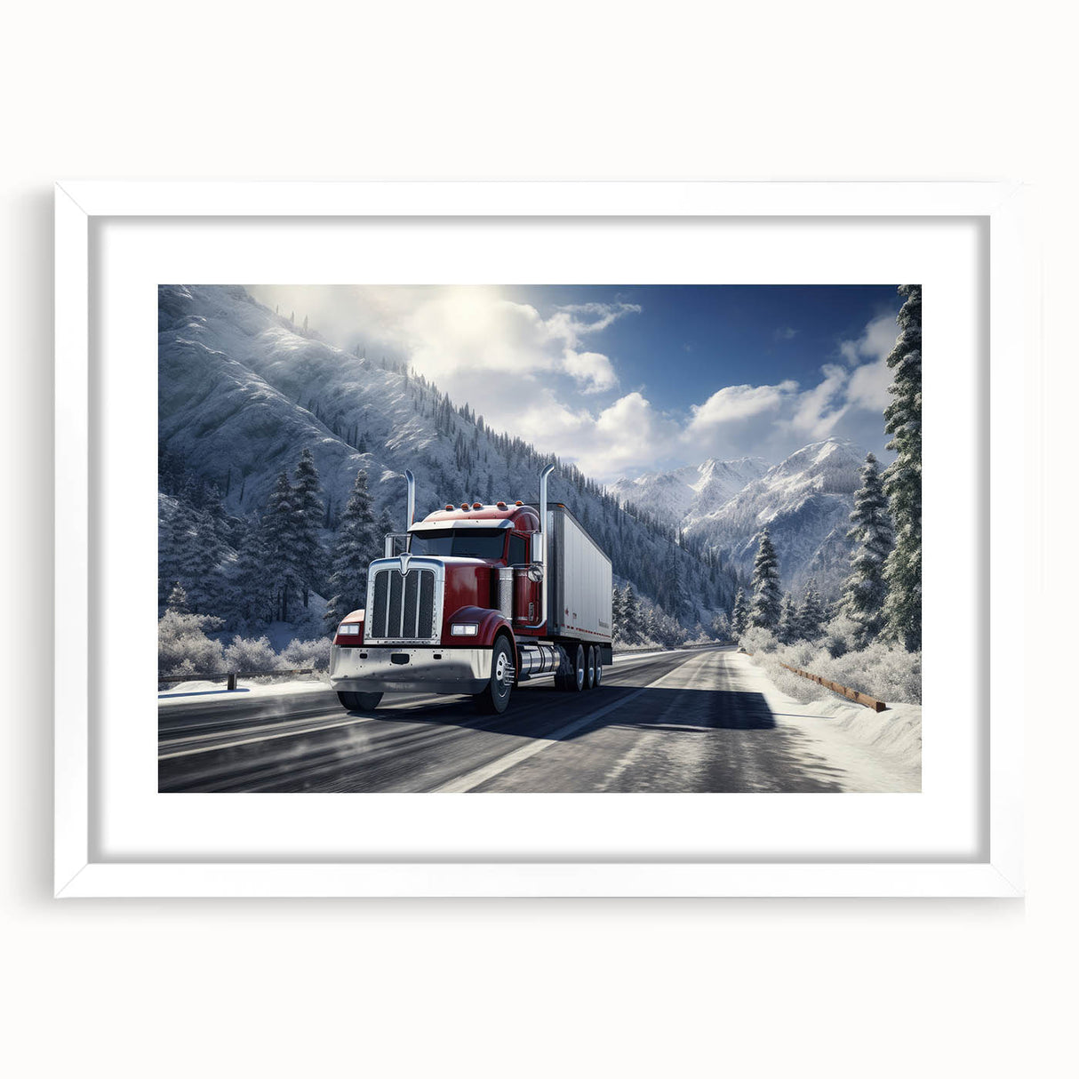 Abstract art print of colorful trucks in a row on white framed mat, suitable for dining room decor.