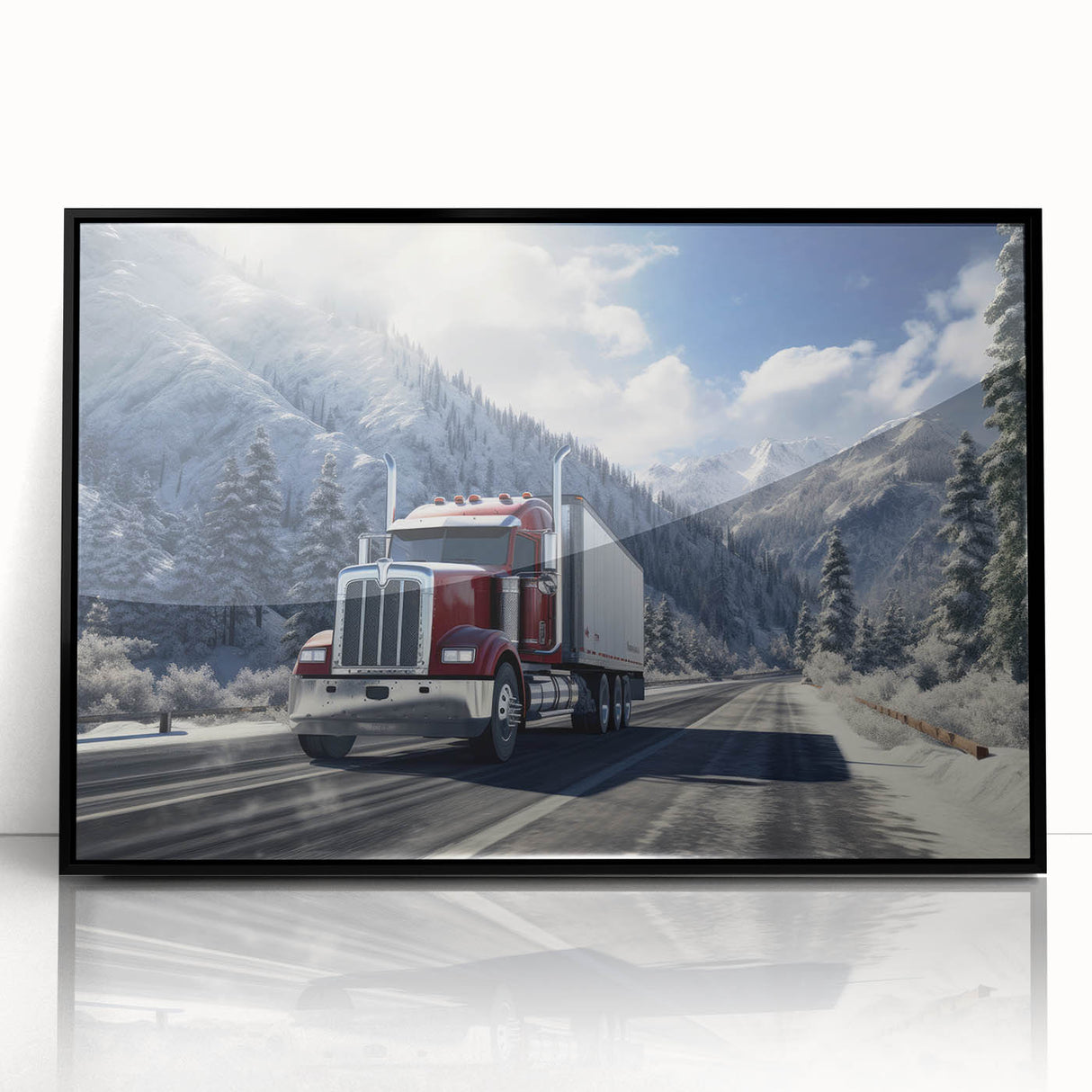 Large abstract wall art featuring a collection of trucks in black and gray tones, acrylic print in a black frame.