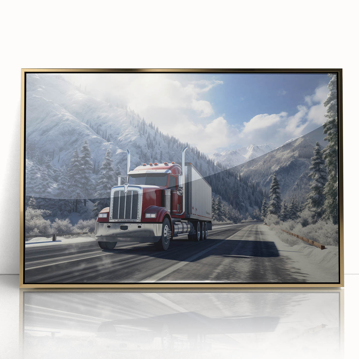 Mid-century modernist art featuring colorful trucks on a gold acrylic print, ideal for nursery wall decor.