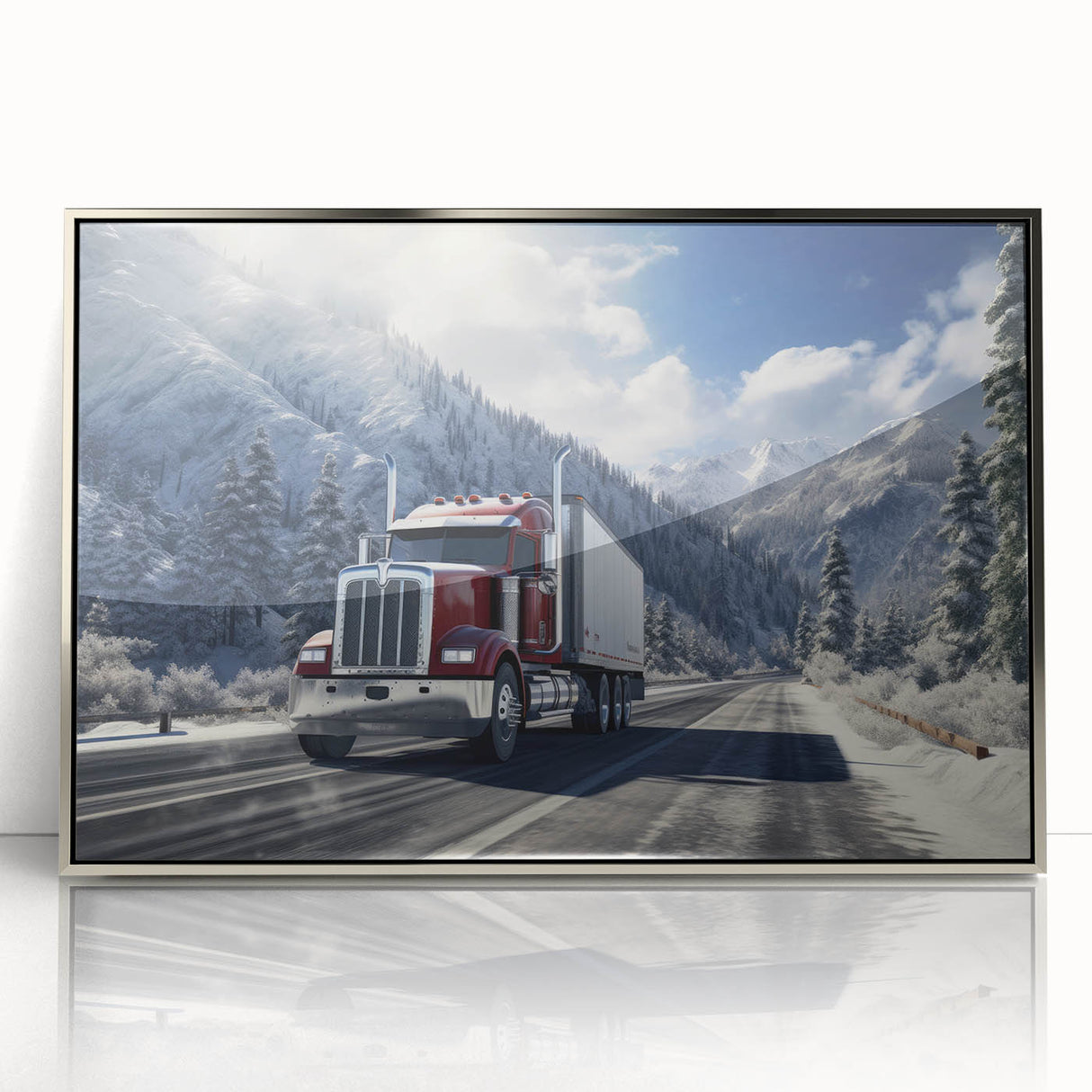 Mid-century modernist art depicting colorful trucks, acrylic print in silver frame, suitable for nursery wall art.