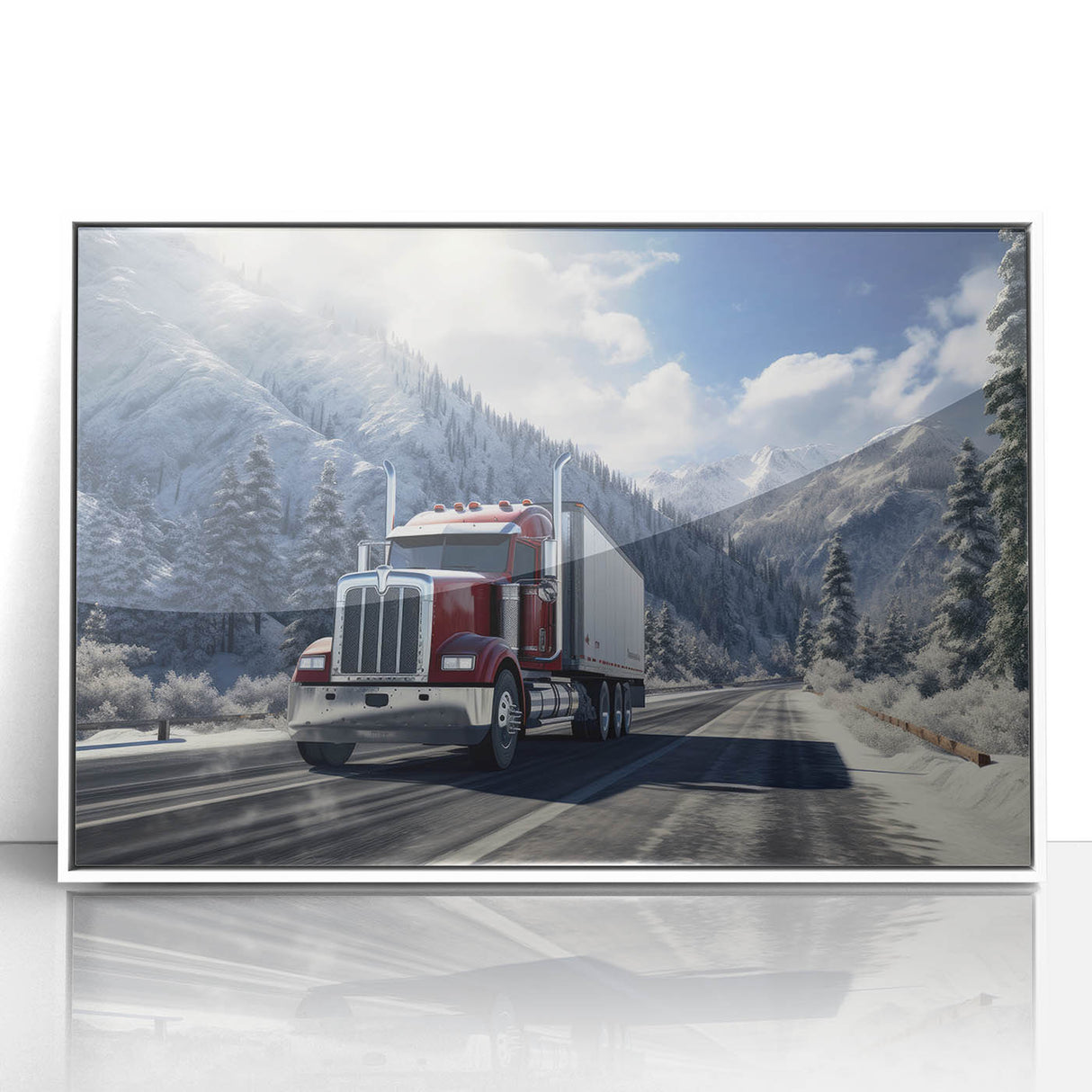 Art deco poster of colorful trucks in acrylic, framed in white, ideal for nursery wall decor.