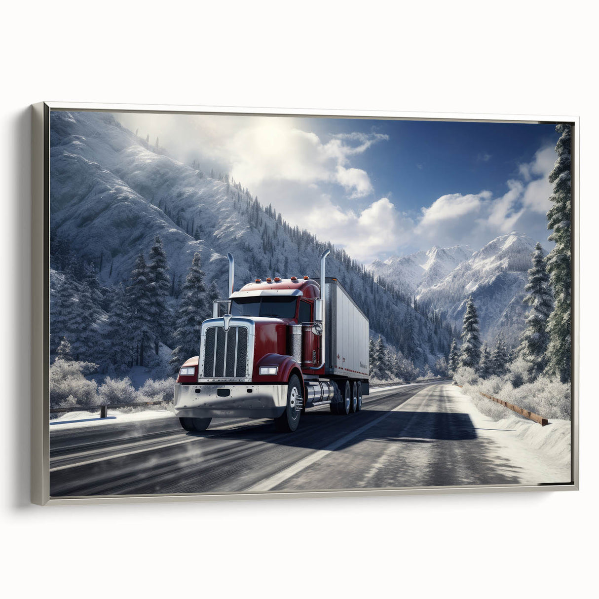 Silver-framed canvas featuring a side view of vintage trucks in black with colorful accents.