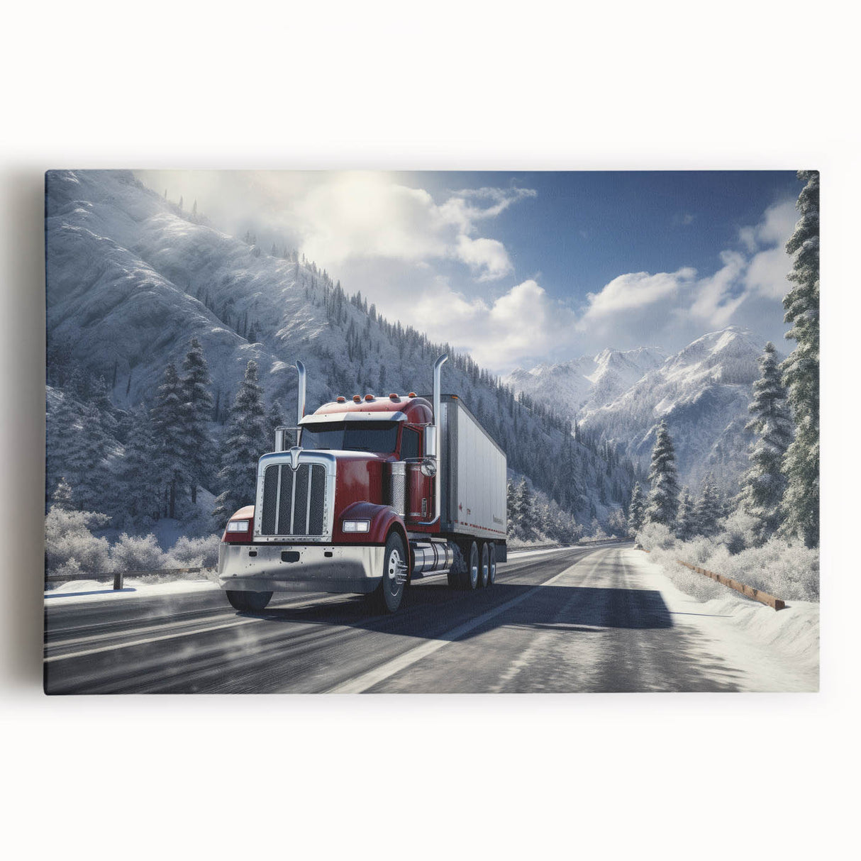 Black and white print of vintage trucks on stretched canvas, suitable for kitchen wall art.