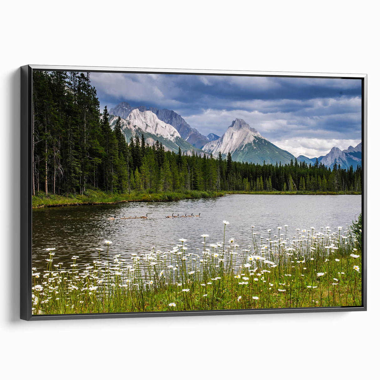 Framed canvas wall art of vibrant wildflowers in a modern design, showcasing a black frame and rich colors, perfect for home decor and artistic accents.