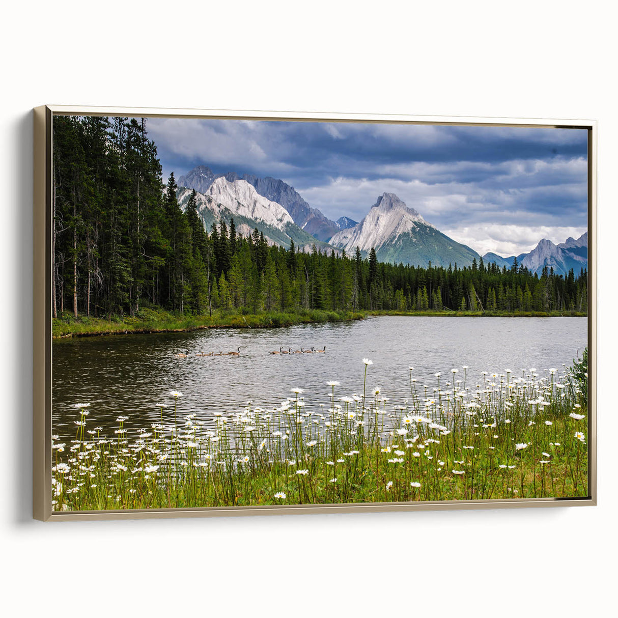 Framed canvas wall art showcasing a vibrant wildflower design with gold accents, displayed in a modern setting, perfect for brightening home decor.