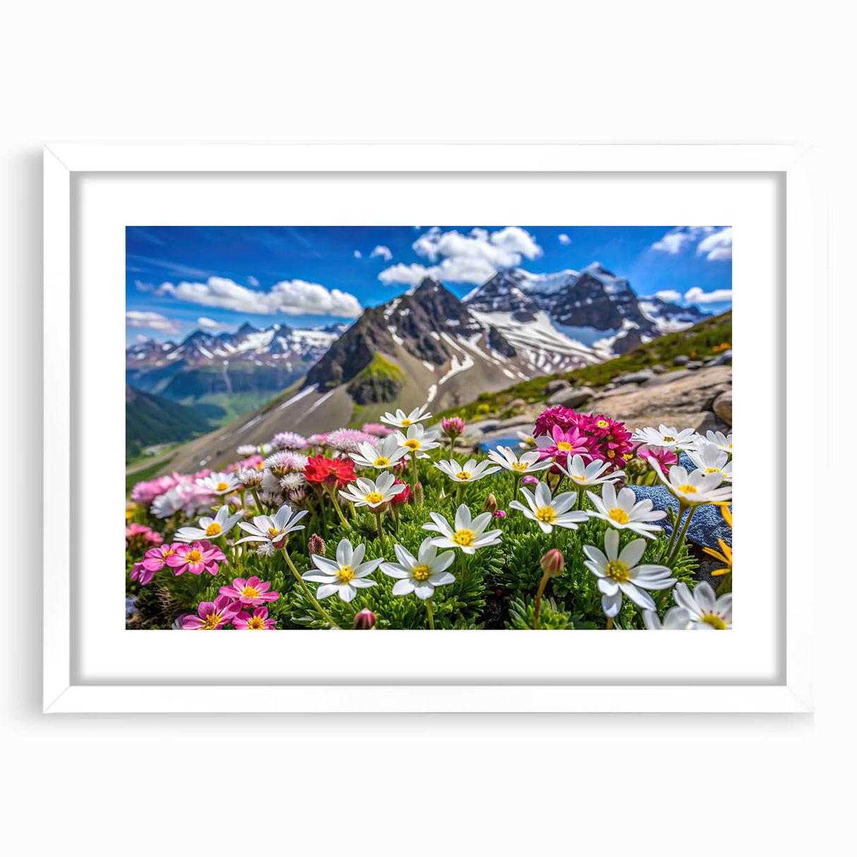 Framed wall art display featuring a vibrant wildflower design in soft pastel colors, surrounded by a white mat, ideal for enhancing home decor with a touch of nature.