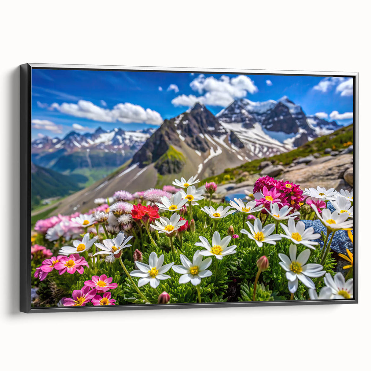 Framed canvas wall art showcasing a vibrant wildflower design with intricate details, set against a black frame, ideal for home decor and nature enthusiasts.