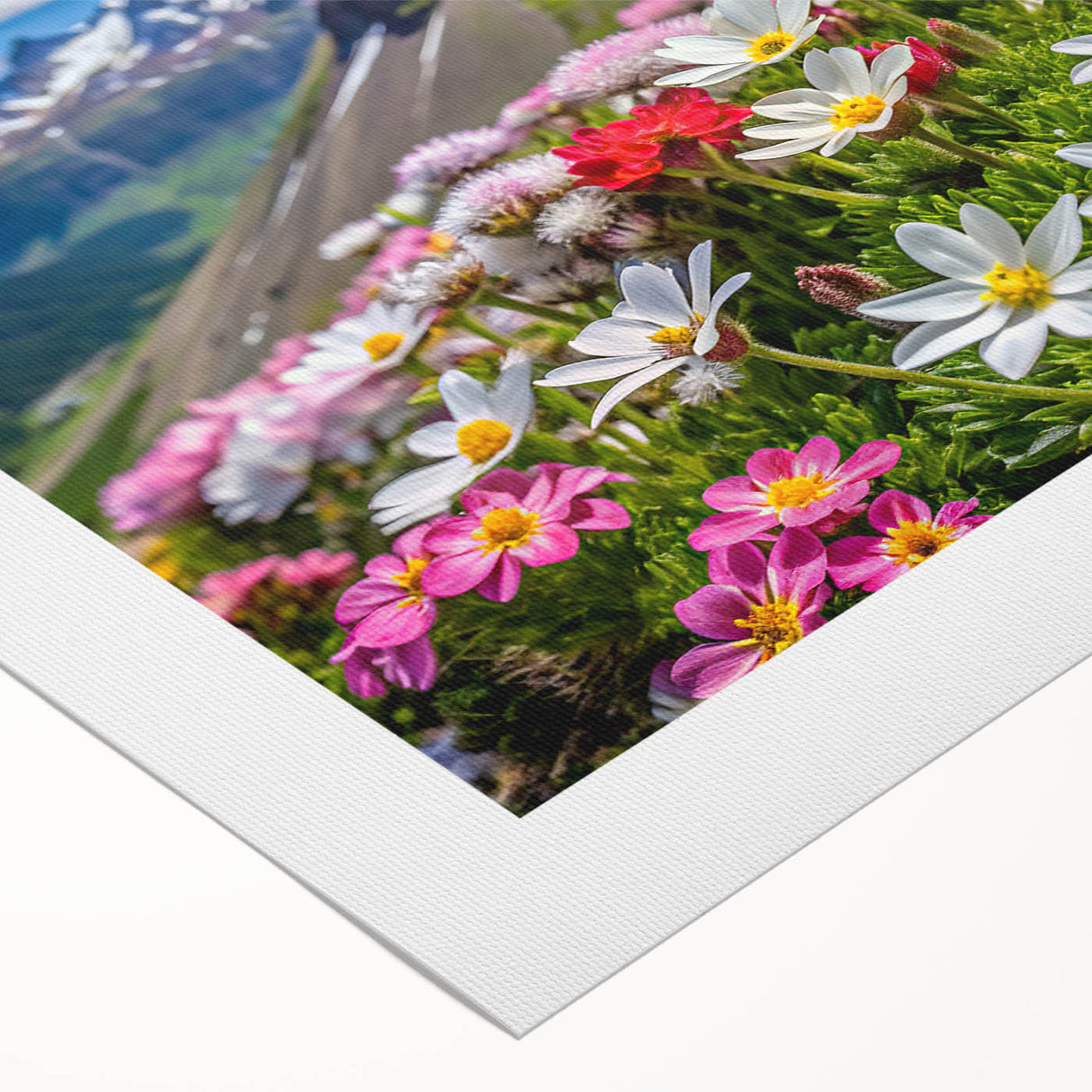 Brightly colored rolled canvas showcasing a vibrant wildflower design, ideal for home decor, presented in a protective cardboard tube for shipping. Perfect for adding a touch of nature-inspired art to any room.