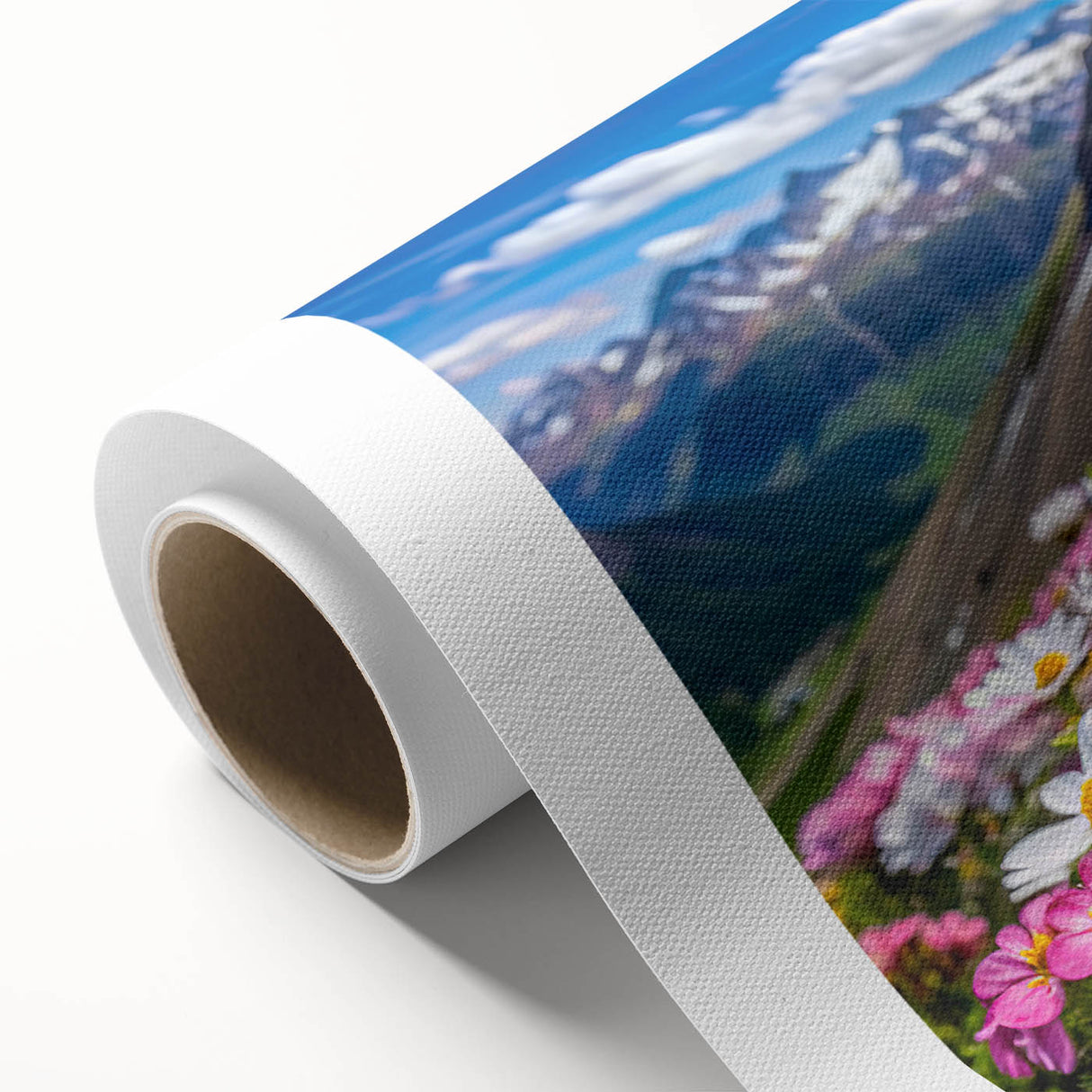 Rolled canvas showcasing a vibrant wildflower design in an artistic arrangement, perfect for home decor. The artwork features bright colors and intricate details, ideal for adding a touch of nature to any room. Packaged securely in a durable cardboard tube for safe delivery.