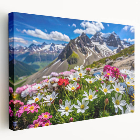 Stretched canvas wall art showcasing a vibrant wildflower design with rich colors, displayed from a side angle, perfect for enhancing home decor.