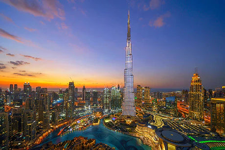 Stunning cityscape featuring Burj Khalifa, high-rise buildings, and metropolitan landscape