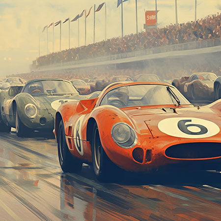 Car wall art featuring vintage red race cars speeding on a wet racetrack with grandstands and flags — Car Wall Art Collection for motorsport and retro car decor.