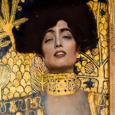 Modern art portrait from Gustav Klimt collection featuring model with afro and headpiece