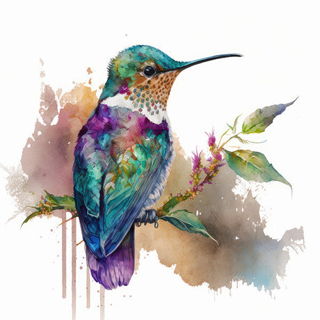 Hand-painted watercolor hummingbird wall art featuring detailed feathers and beak, perfect for home decor and wall prints.
