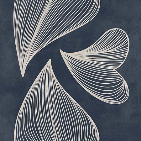 Minimalist Mid-Century Modern wall art with abstract cream line shapes on a dark blue background, ideal for retro-modern home decor.