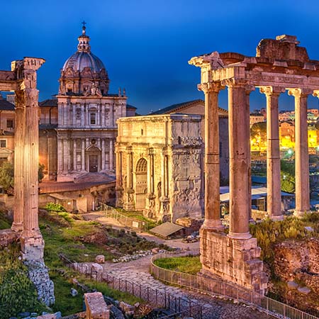 Ancient Roman Forum ruins at twilight with dramatic lighting and historic architecture – timeless Italian wall art for home or office interior décor.