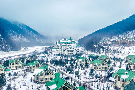 Winter Sochi collection wall art featuring a picturesque mountain village, valley, and hill station in the stunning Alps