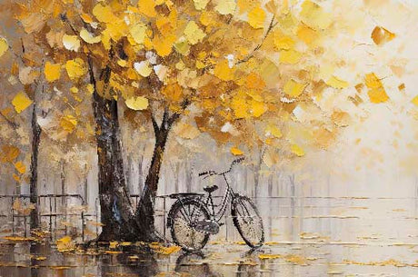 Modern art acrylic paint of an autumn woodland with yellow bicycle, birch trees, in watercolor style.
