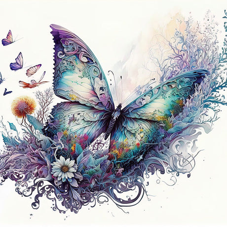 Butterfly wall art featuring vibrant fantasy-style butterfly with floral details and pastel colors, whimsical nature print for modern home decor