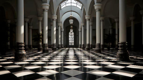 Black and white symmetrical tile flooring and columns in a lobby, part of the 'Columns' wall art collection