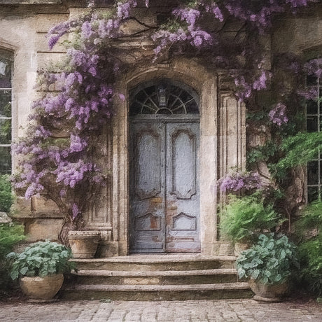 Springtime French door wall art featuring an arched gate, garden columns, and vibrant purple geranium arrangements.