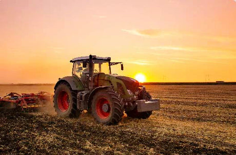 Wall art featuring a tractor and agricultural machinery, symbolizing heavy equipment and agriculture transport