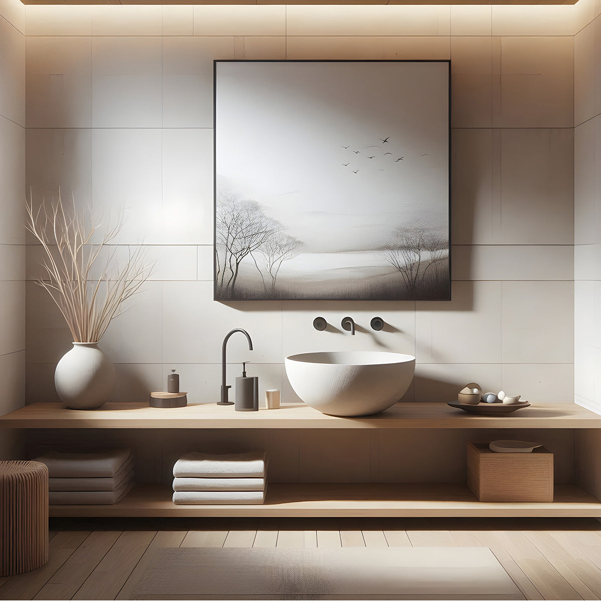 Wall art by room displayed in a neutral-toned minimalist bathroom with framed line drawing