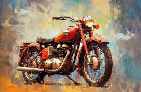 Motorcycle wall art featuring detailed automotive lighting, wheel system, engine, and painted fuel tank.