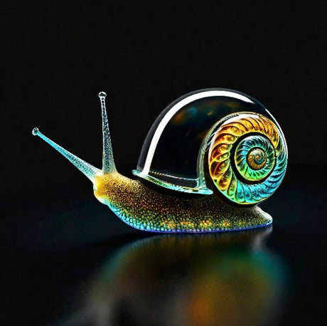 Snail wall art featuring vibrant close-up of iridescent snail with spiral shell, whimsical nature-inspired print for modern and eclectic decor
