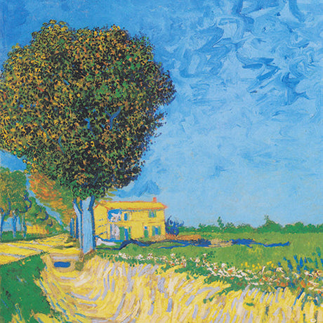 Treescapes wall art of vibrant countryside with tall tree and yellow house, Van Gogh-style painting for nature-inspired home decor