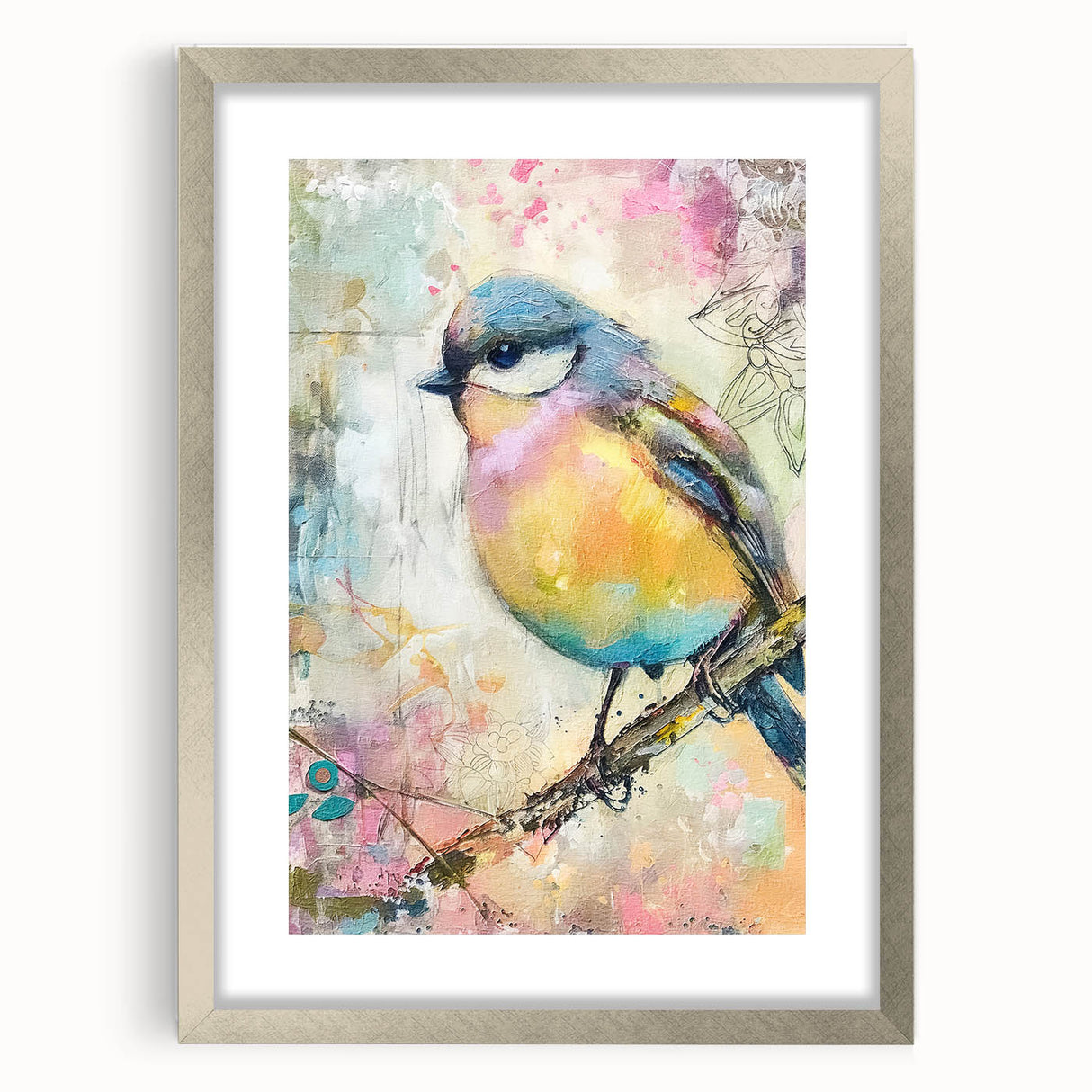 Silver picture frame with a mat, showcasing a front view that highlights its sleek design and elegant finish, perfect for enhancing any artwork or photo display. Ideal for home decor or gallery settings, this frame adds a modern touch to interiors.