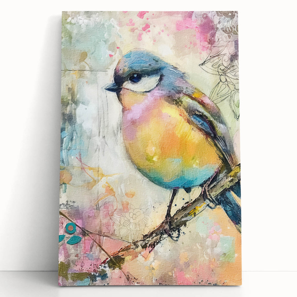 Stretched canvas print leaning against a neutral wall, showcasing vibrant abstract art in bold colors, ideal for modern home decor enthusiasts looking to enhance their space.
