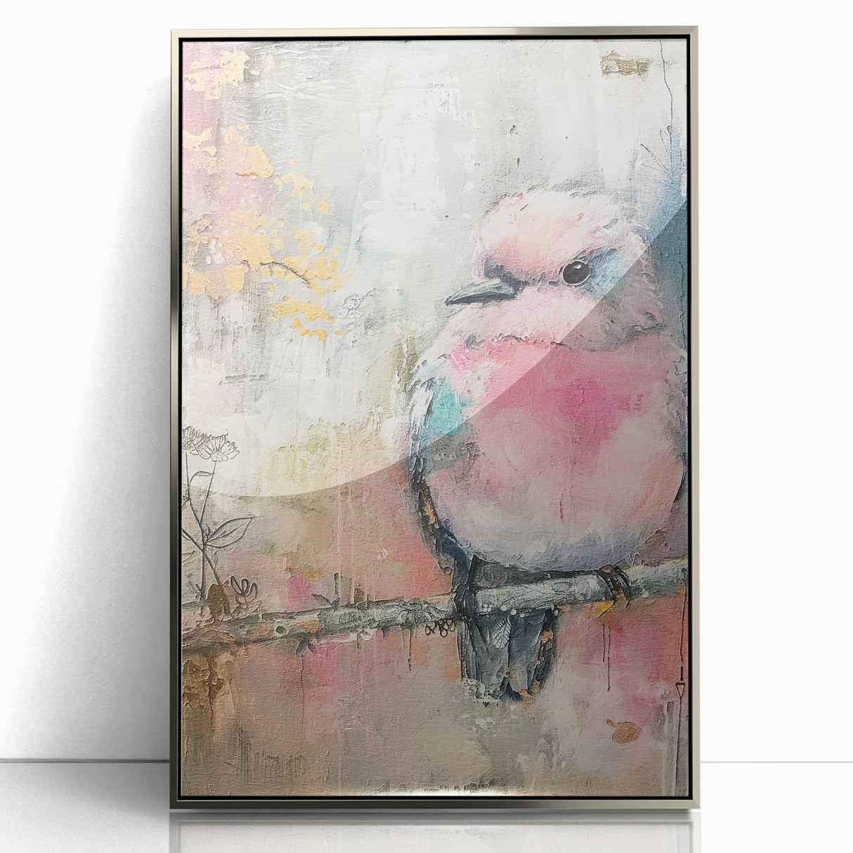 Framed acrylic artwork showcasing a sleek silver design, displayed from the front view against a neutral background, ideal for modern home decor.