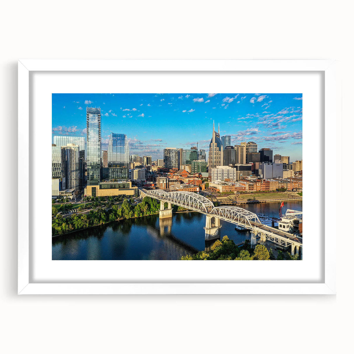 Abstract art print featuring swirling blue and white patterns on a canvas, suitable for a modern dining room.