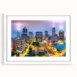 Abstract art print featuring swirling blue and white patterns on canvas, suitable for bedroom or dining room decor.