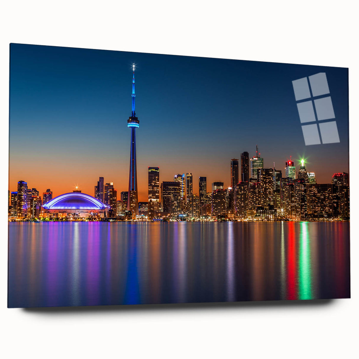 Large abstract wall art print in vibrant blues and oranges on canvas, ideal for bedroom or dining room decor.