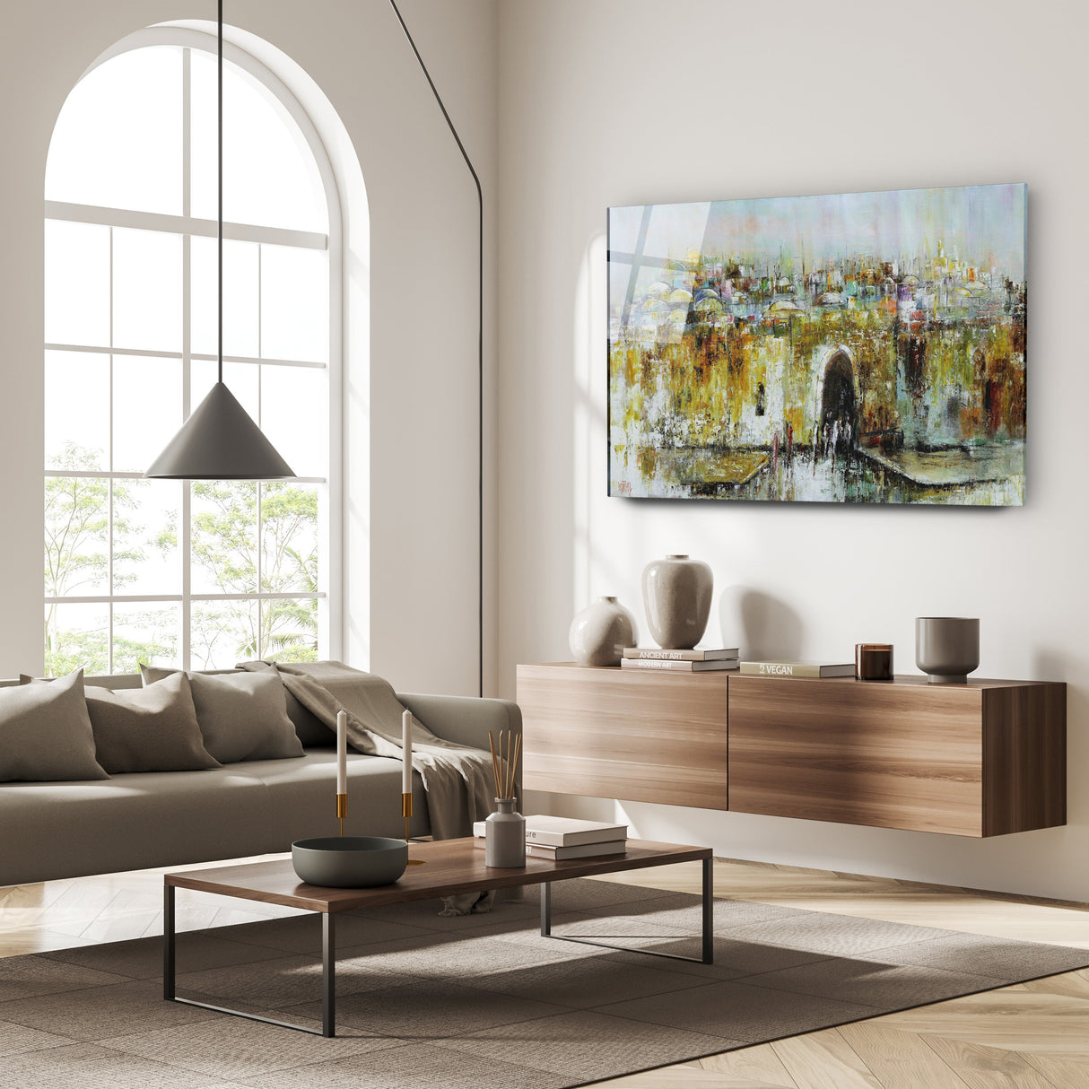 Shabbat in Jerusalem - Yossi Bitton's Jewish Art Print on Acrylic showcasing a serene cityscape in a living room setting.